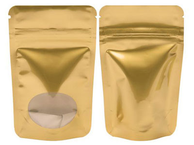 Gold Metallic Stand Up Zipper Pouch Bags w Oval Window Gold Metallic Stand Up Zipper Pouch Bags w Oval Window